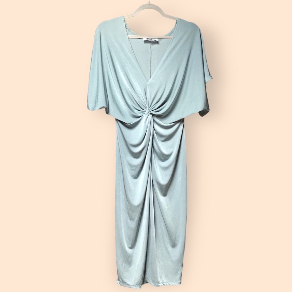 Trend Director Draped Knotted Front Slit V-Neck Stretchy Midi Dress Mint Medium